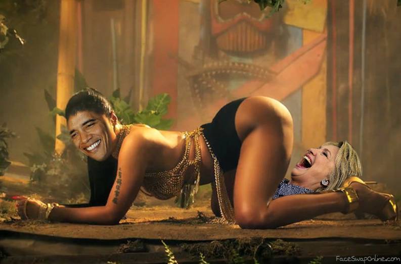 Hillary laughs while shemale Obama twerks