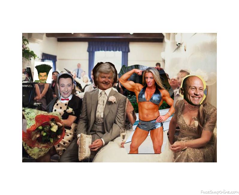 Benny Hill and female bodybuilder wedding with Mr Bean, Pee Wee Herman and Mike Judge as guests