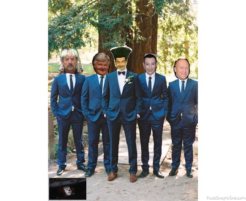 Pennywise, Tiger King, Benny Hill, Pee Wee Herman, Mike Judge as groomsmen in Mr Bean's wedding