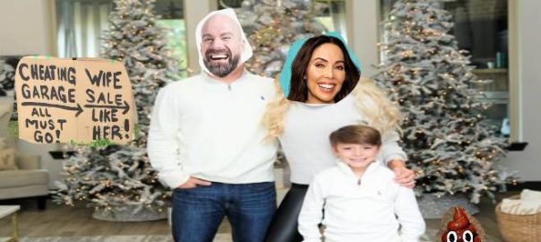 Bald guy, Whitney Cummings 2021 Christmas family photo with two offers and two family dogs pooing