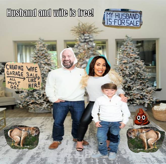 Bald guy, Whitney Cummings 2021 Christmas family photo with two offers and two family dogs pooing
