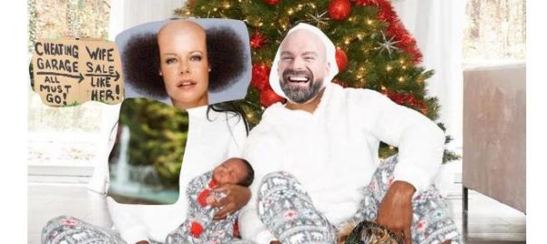 Bald guy’s family 2021 Christmas Photo with an offer and two family dogs pooing