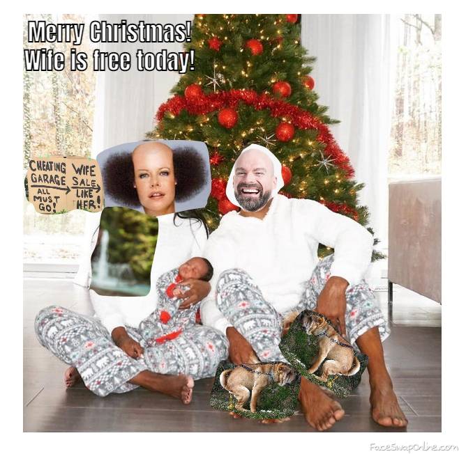 Bald guy's family 2021 Christmas Photo with an offer and two family dogs pooing