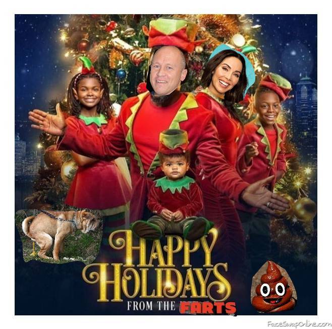 Mike Judge and Whitney Cummings Family Christmas 2021 Picture with the family dog pooing