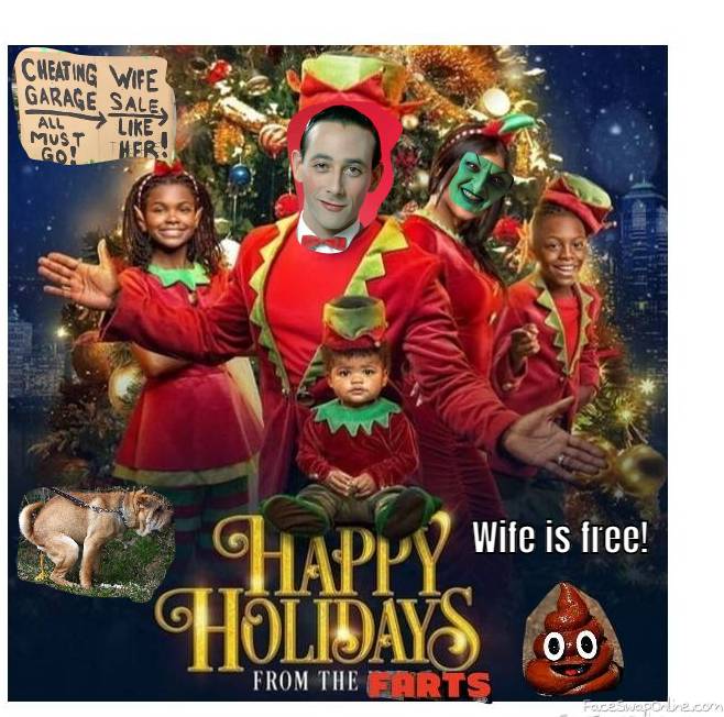 Pee Wee Herman, Wicked Witch of the West Family 2021 Christmas photo with an offer and the family dog pooing