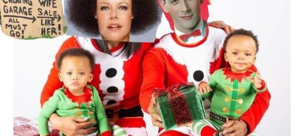 Pee Wee Herman and family’s 2021 Christmas photo, with two offers and two dogs pooing