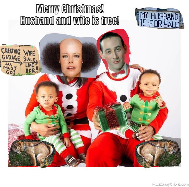 Pee Wee Herman and family's 2021 Christmas photo, with two offers and two dogs pooing