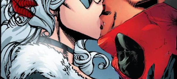 Deadpool and Black Cat tongue-kissing