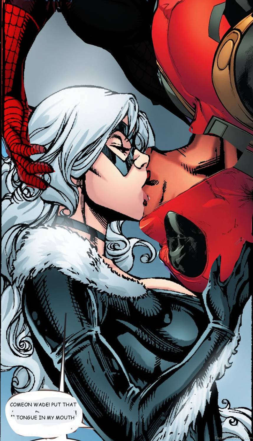 Deadpool and Black Cat tongue-kissing