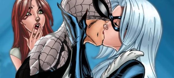 Spider-Man (Harry) kissing Black Cat in front of MJ