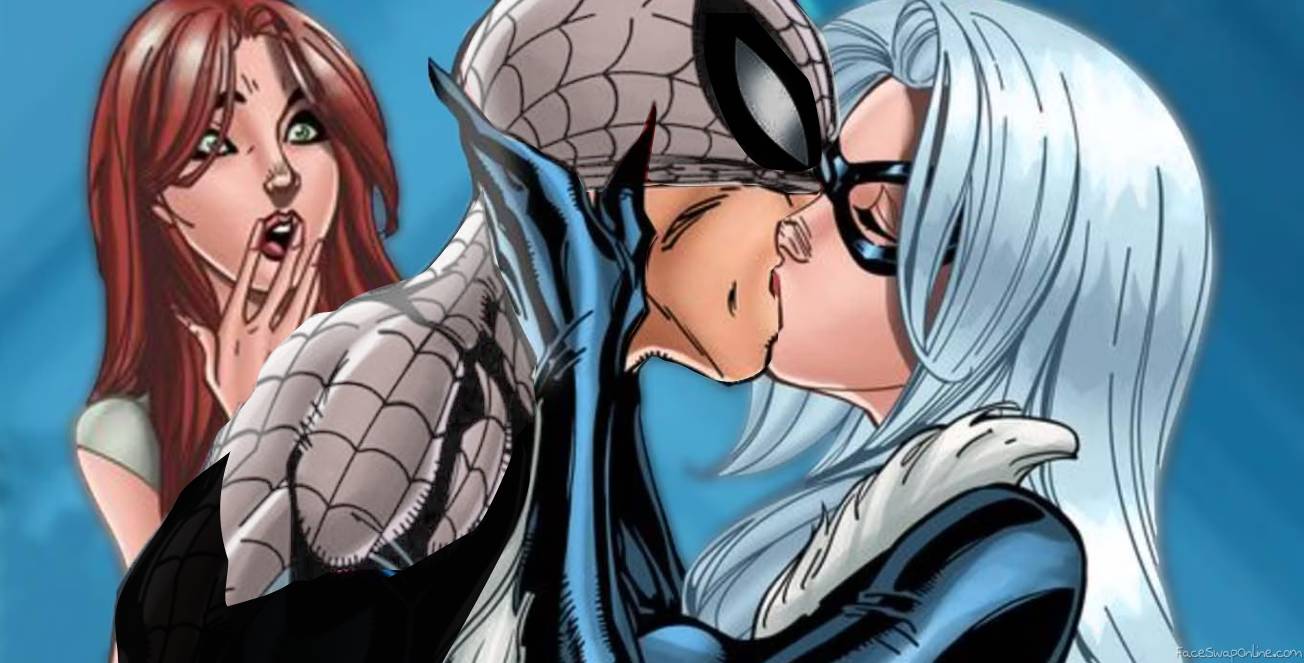 Spider-Man (Harry) kissing Black Cat in front of MJ