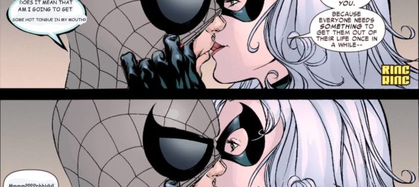 Spider-Man and Black Cat tongue-kissing