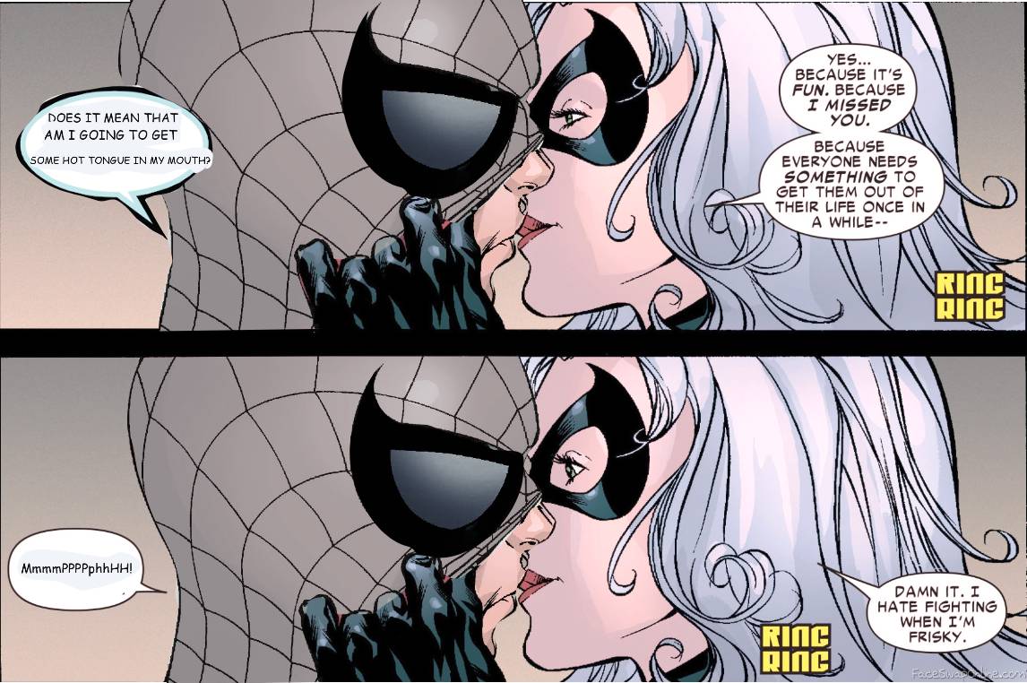 Spider-Man and Black Cat tongue-kissing