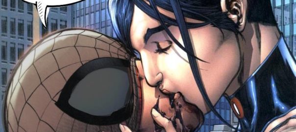 Spider-Queen and Harry passionately kissing