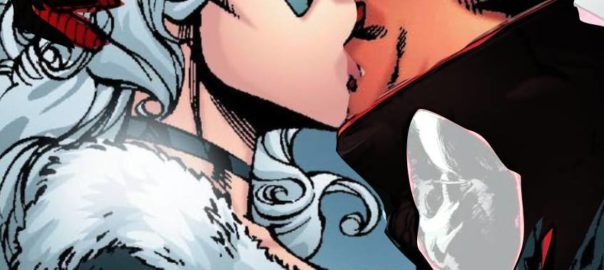 Deadpool(Symbiote) and Black Cat tongue kissing