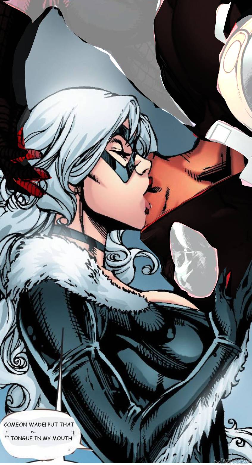 Deadpool(Symbiote) and Black Cat tongue kissing
